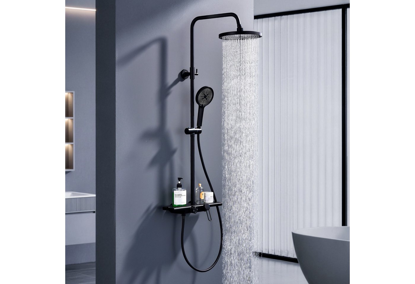 HOMELODY Duschsystem Schwarz Matt 250mm Regendusche Wasserfall Handbrause Ablage, Regendusche Duschset mit Ablage Handbrause 5 Funktionen Bild 2