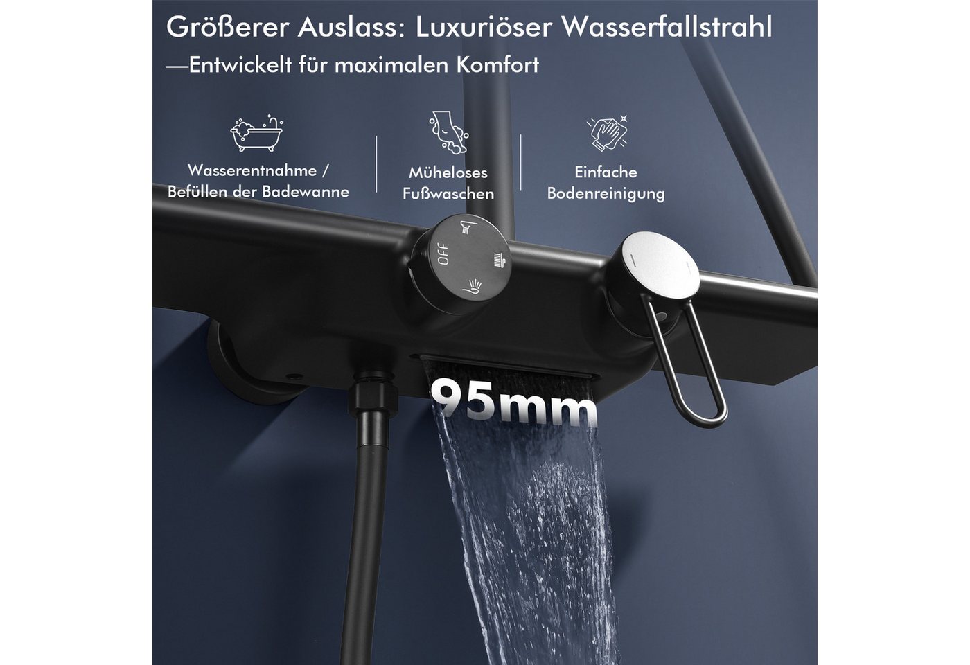 HOMELODY Duschsystem Schwarz Matt 250mm Regendusche Wasserfall Handbrause Ablage, Regendusche Duschset mit Ablage Handbrause 5 Funktionen Bild 4