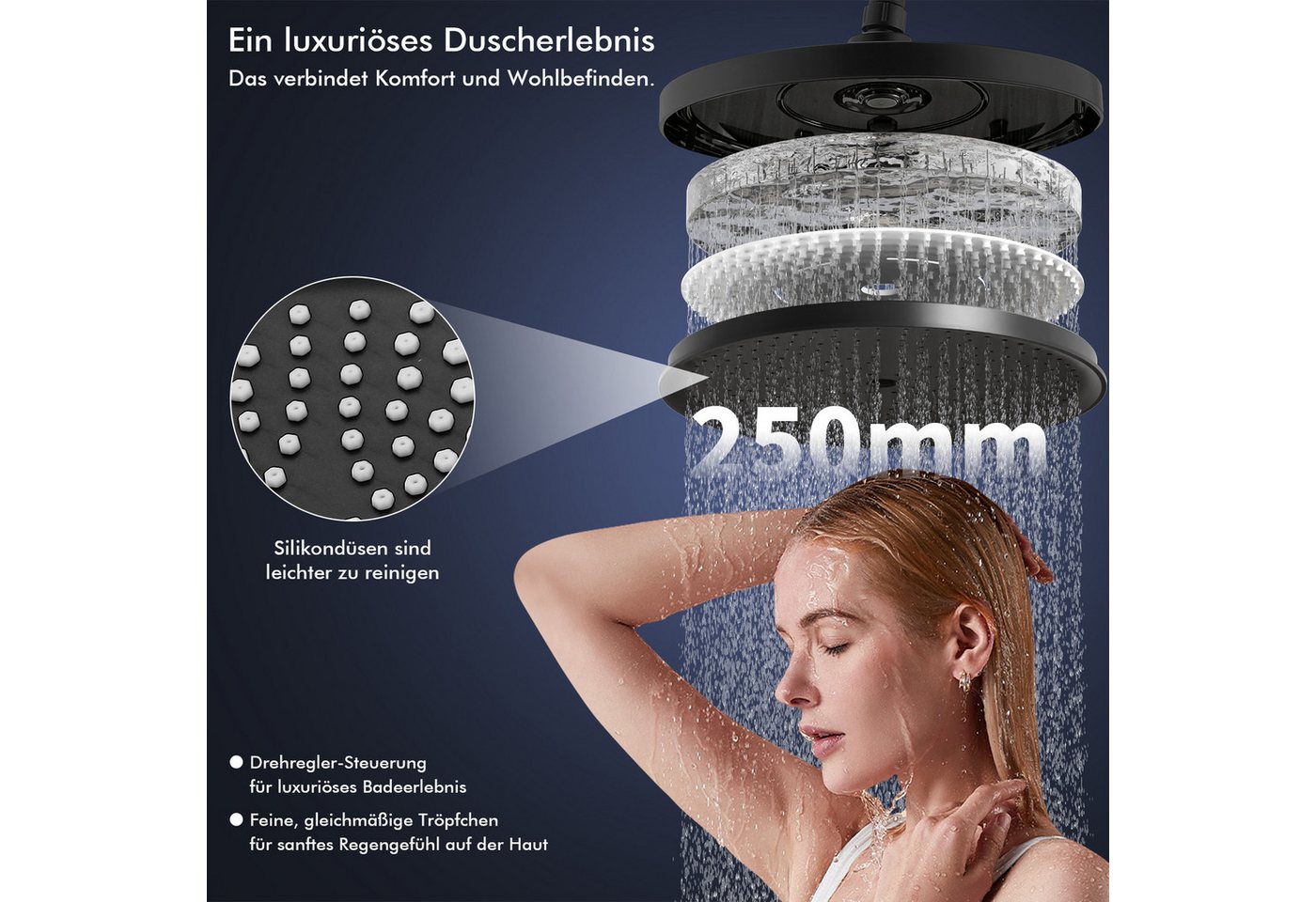 HOMELODY Duschsystem Schwarz Matt 250mm Regendusche Wasserfall Handbrause Ablage, Regendusche Duschset mit Ablage Handbrause 5 Funktionen Bild 5