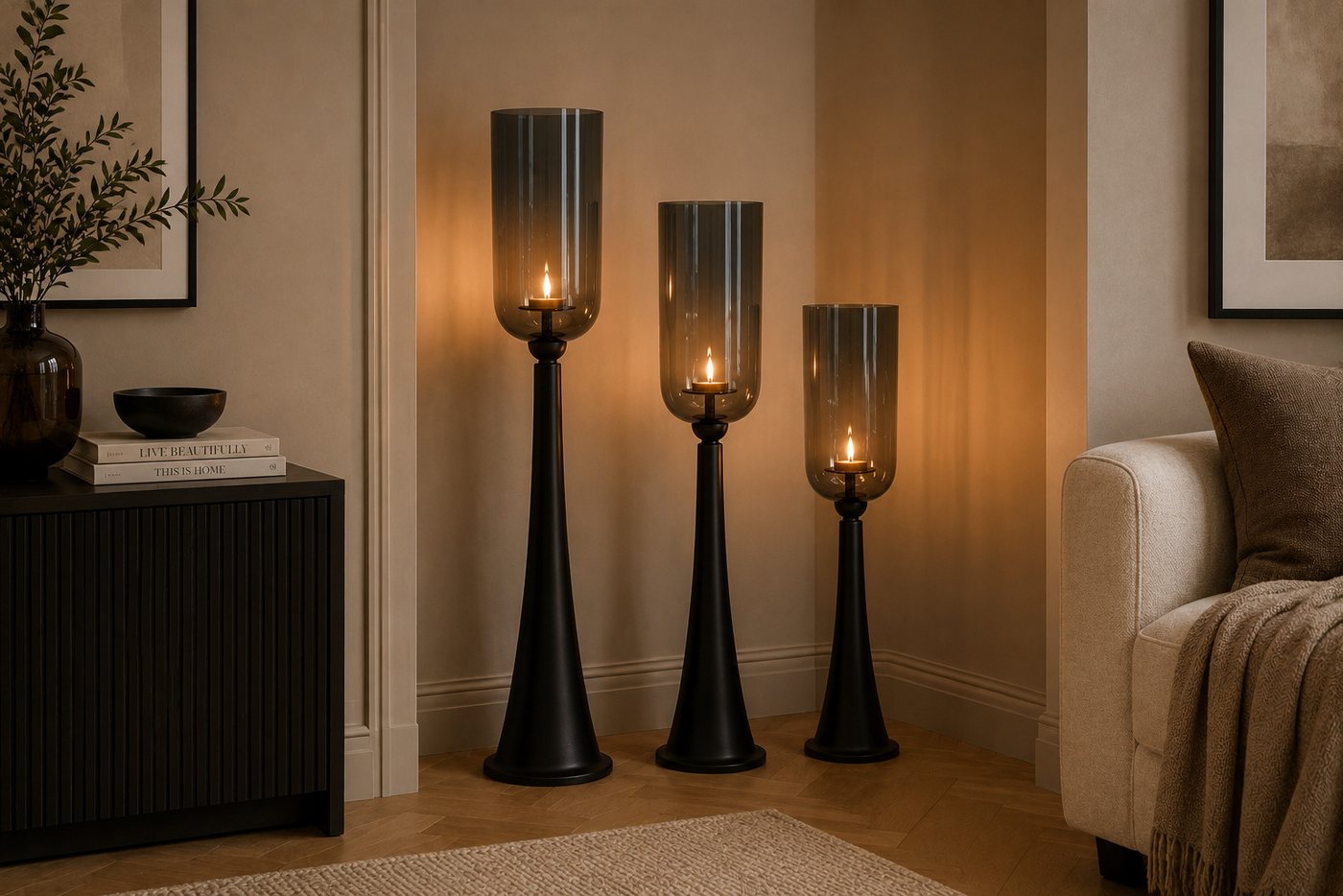 finehomegarden Bodenwindlicht Kerzenständer Säule schwarz Glas Hurricane Windlicht Metall Deko (Stück, 1 St), H93cm Boden-Kerzenhalter für Wohnzimmer, Flur & Eventdekoration Bild 2