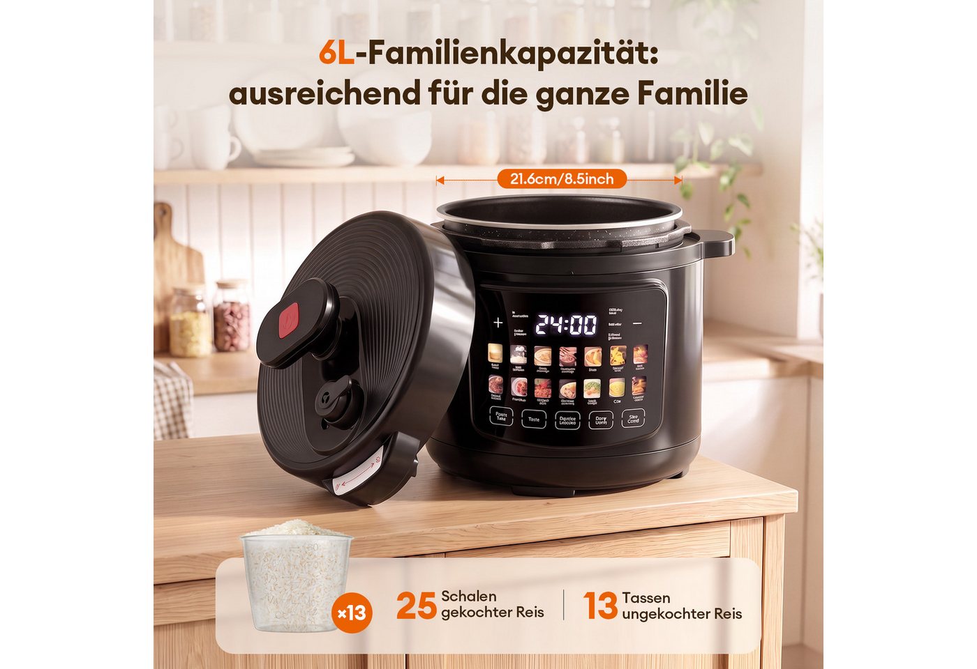 CkeyiN Pro Schnellkochtopf 6L Edelstahl, 14-in-1 Multikocher, Pressure Cooker 1600W, (Separate Dampftaste, 8 Sicherheitssystem, Antihaft & Leichte Reinigung), Rice & Slow Cooker, Dampfgarer, Joghurtbereiter Bild 2