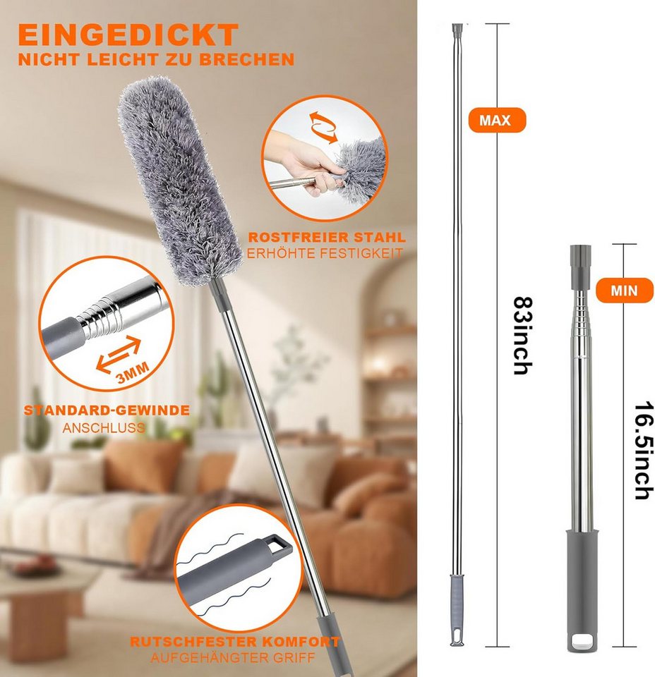 wohnTRAUM24 Staubwedel Staubwedel Teleskop, Spinnenwebenentferner Mikrofaser Staubwische 7Pcs (7-St), für Reinigung Unter Sofa Spinnweben,Lücken Decken Spinnweben Grau Bild 4