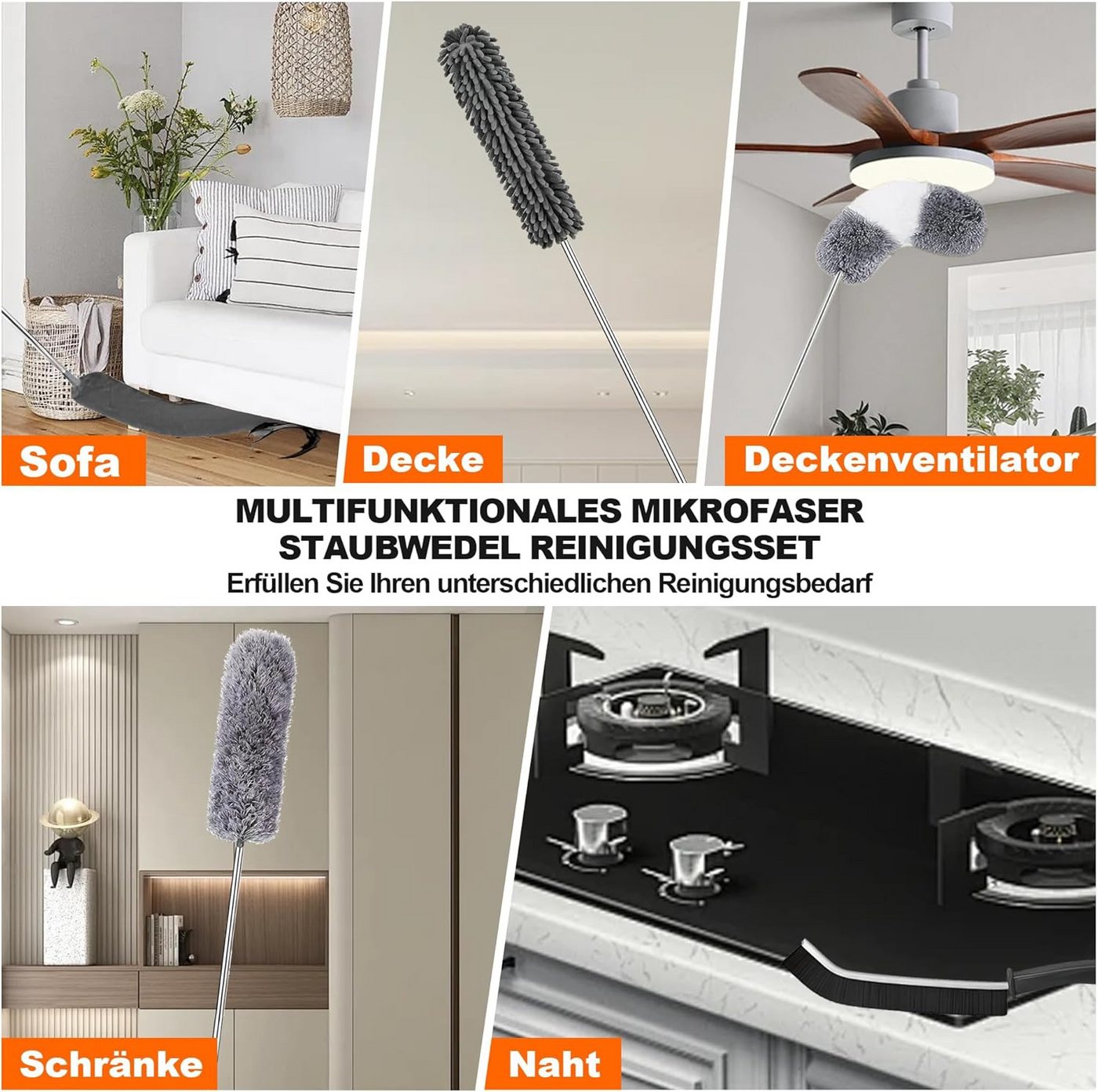 wohnTRAUM24 Staubwedel Staubwedel Teleskop, Spinnenwebenentferner Mikrofaser Staubwische 7Pcs (7-St), für Reinigung Unter Sofa Spinnweben,Lücken Decken Spinnweben Grau Bild 5