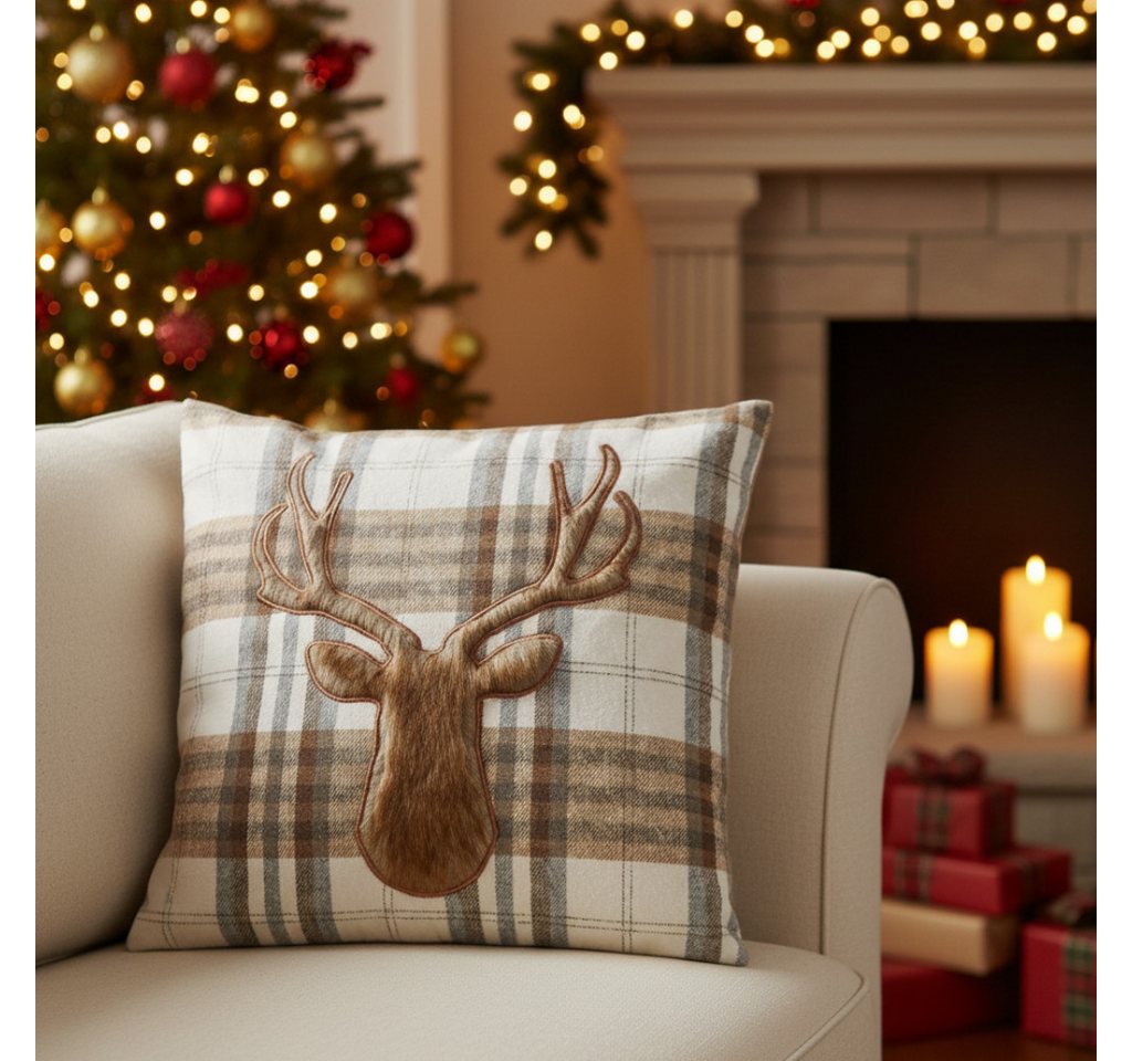 MF Zierkissen Zierkissen Highland Deer kariert 45x45 cm mit Hirschmotiv, (1 St)