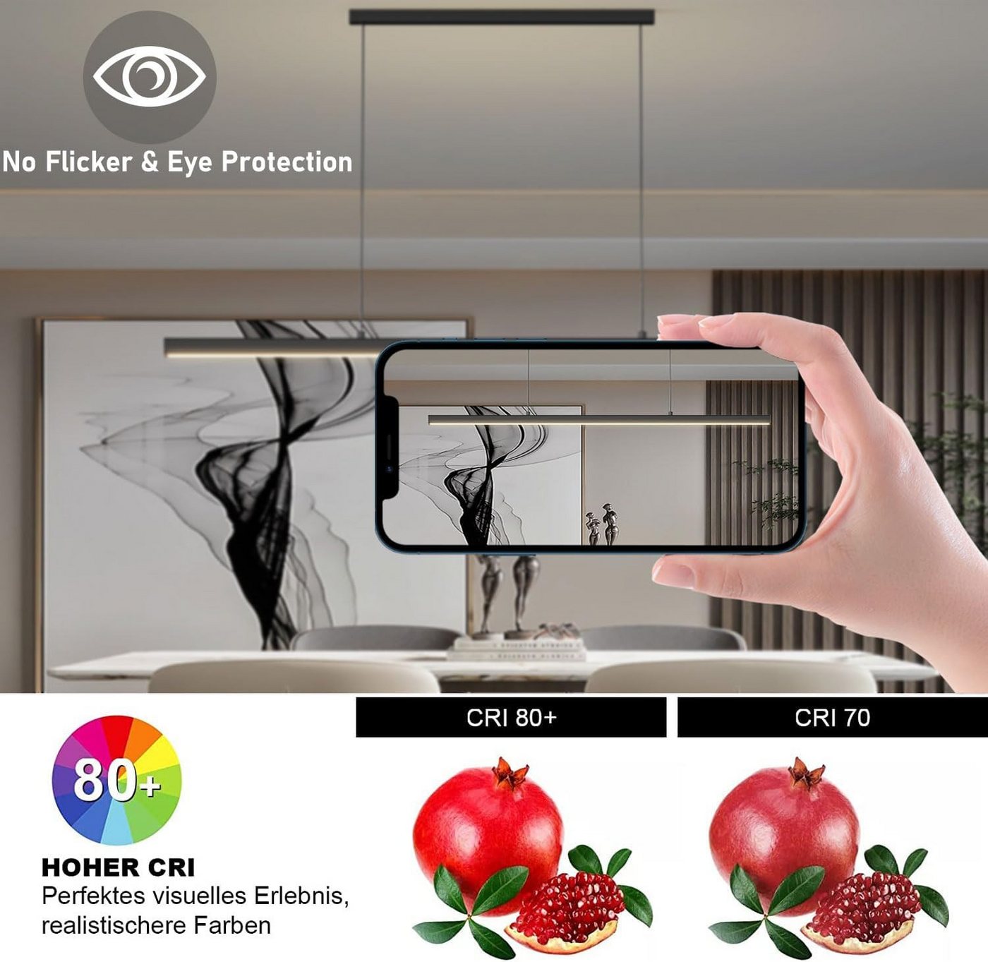 SenFay LED Pendelleuchte SENFAY LED Panel Hängelampe 120cm Dimmbar 48W Schwarz, Höhenverstellbar Bild 5