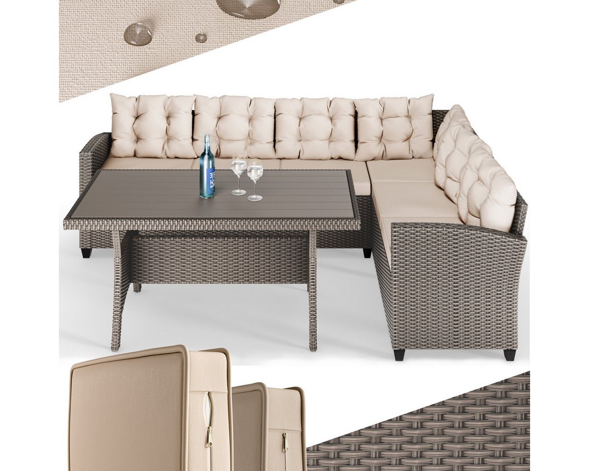 Casaria Gartenlounge-Set Lissabon, Polyrattan WPC Esstisch Eckbank 15cm Kissen 7cm Auflagen Wetterfest