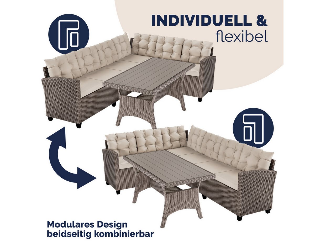 Casaria Gartenlounge-Set Lissabon, Polyrattan WPC Esstisch Eckbank 15cm Kissen 7cm Auflagen Wetterfest Bild 5