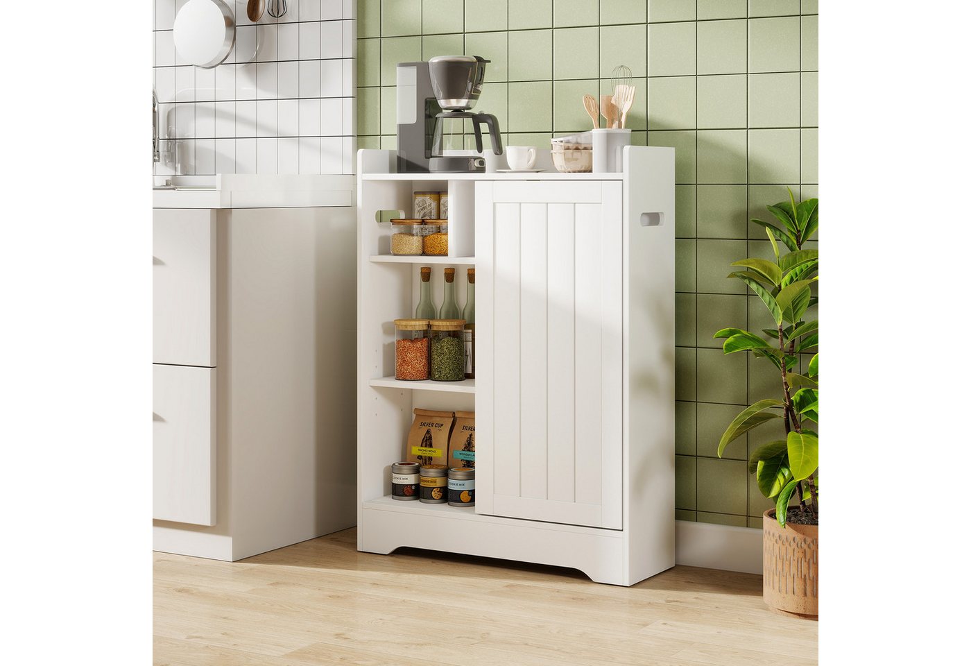 COSTWAY Badkommode, Nischenschrank mit Toilettenpapierhalter, Schiebetüren Bild 4