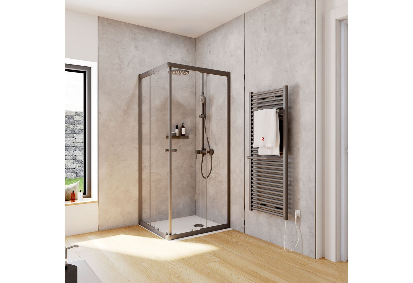 Schulte Eckdusche Corner, BxT: 75x80 cm, Sicherheitsglas, Eckeinstieg mit Schiebetüren, 180 cm hoch Klar Hell Profil Schwarz Bild 5