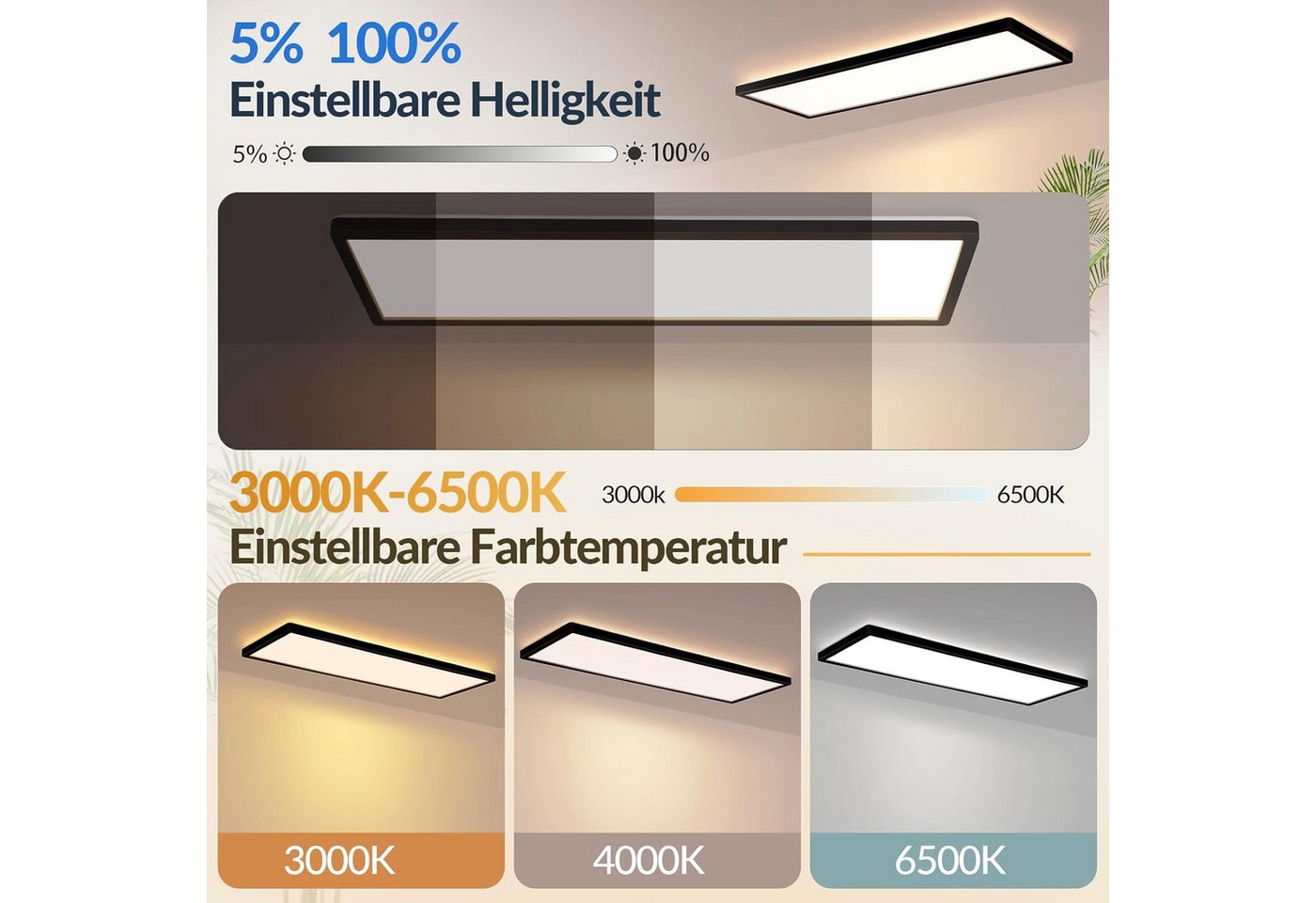 Nettlife LED Panel Schwarz/weiß 58x20 cm RGB dimmbar Deckenpanel Bürolampe 22W, LED fest integriert, Warmweiß Neutralweiß Kaltweiß, Farbwechsel Backlight für Werkstatt, Flur, Küche, Wohnzimmer Bild 3