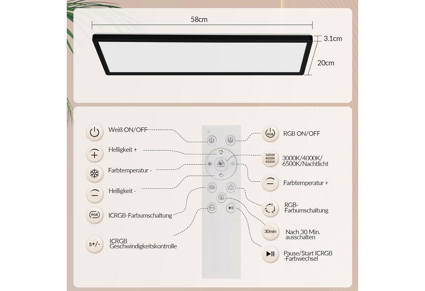 Nettlife LED Panel Schwarz/weiß 58x20 cm RGB dimmbar Deckenpanel Bürolampe 22W, LED fest integriert, Warmweiß Neutralweiß Kaltweiß, Farbwechsel Backlight für Werkstatt, Flur, Küche, Wohnzimmer Bild 5