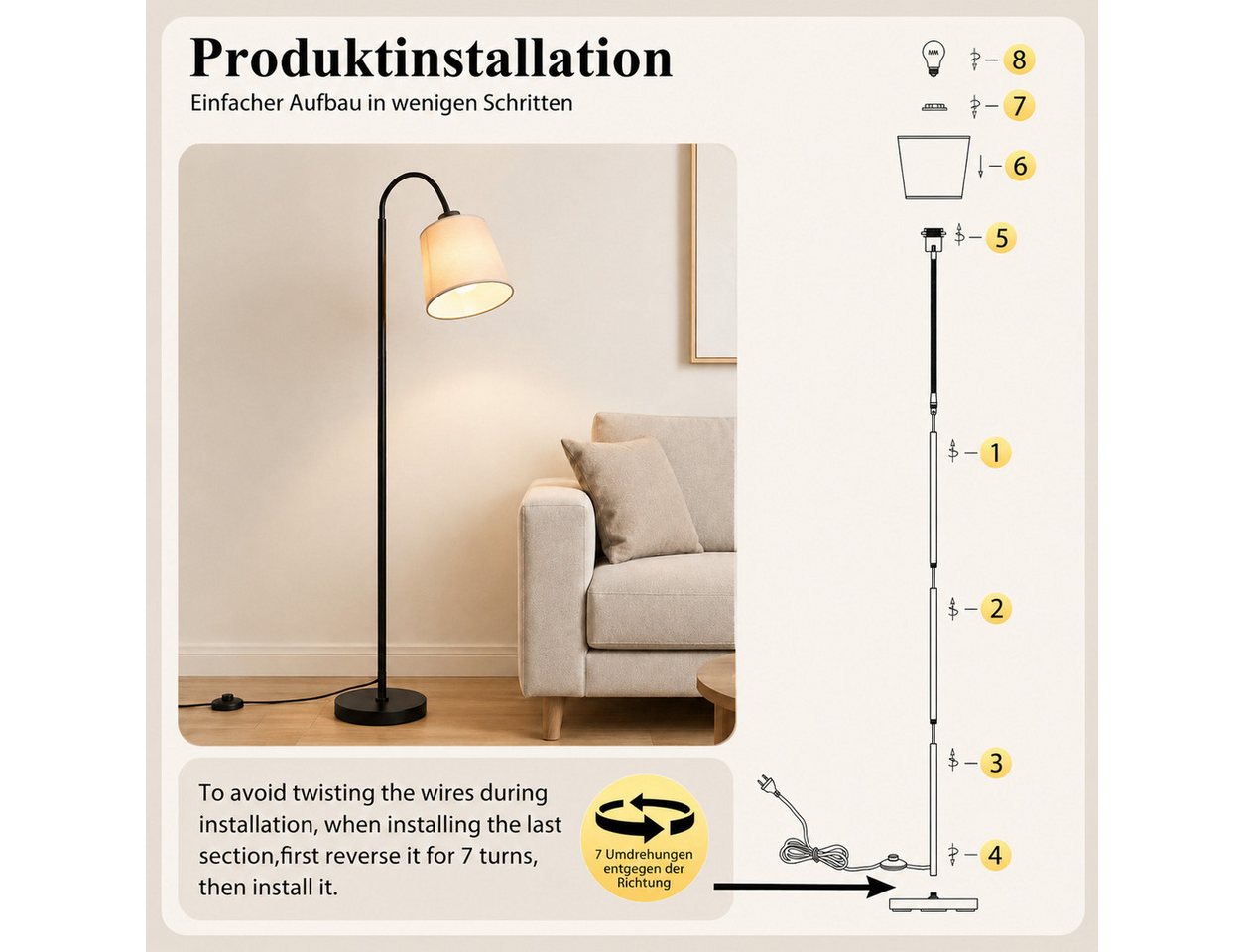 Nettlife Stehlampe Schwarz Beige Stoff stehleuchte drehbarem Lampenschirm Moderne E27, ohne Leuchtmittel, Fassung 360° drehbarem Lampenschirm für Wohnzimmer Schlafzimmer Flur