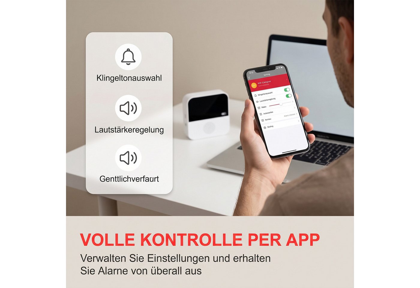 AKKEE Notrufknopf für Senioren, WiFi Alarmanlage Haus, Senioren Notruf Alarmanlage (WiFi-Hausnotruf-Senioren-SOS-Armband, Hausnotruf für Angehörige) Bild 2