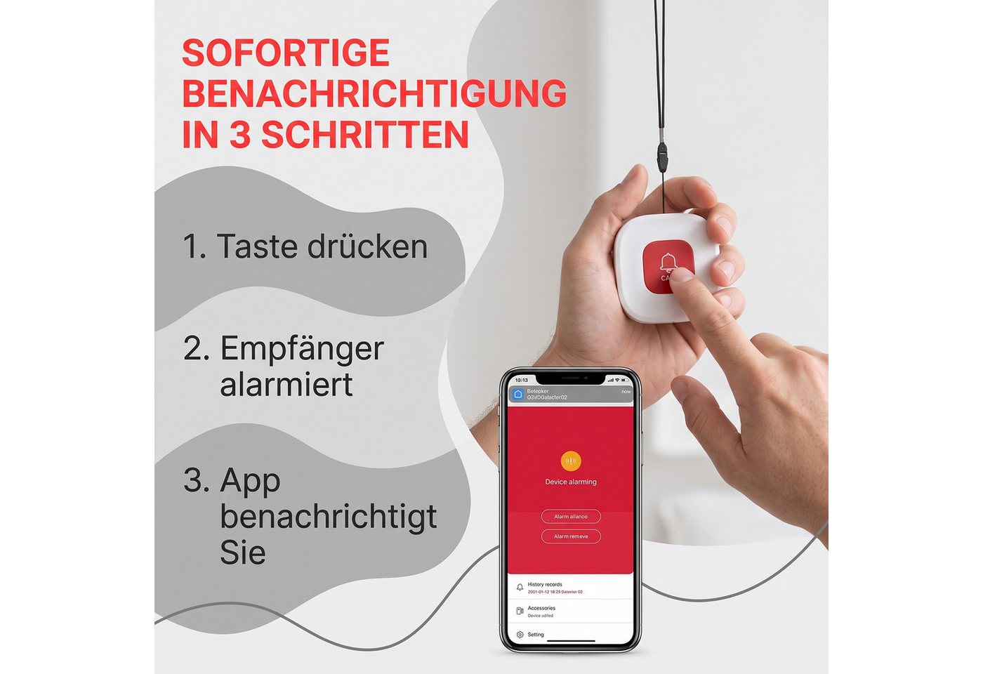 AKKEE Notrufknopf für Senioren, WiFi Alarmanlage Haus, Senioren Notruf Alarmanlage (WiFi-Hausnotruf-Senioren-SOS-Armband, Hausnotruf für Angehörige) Bild 4
