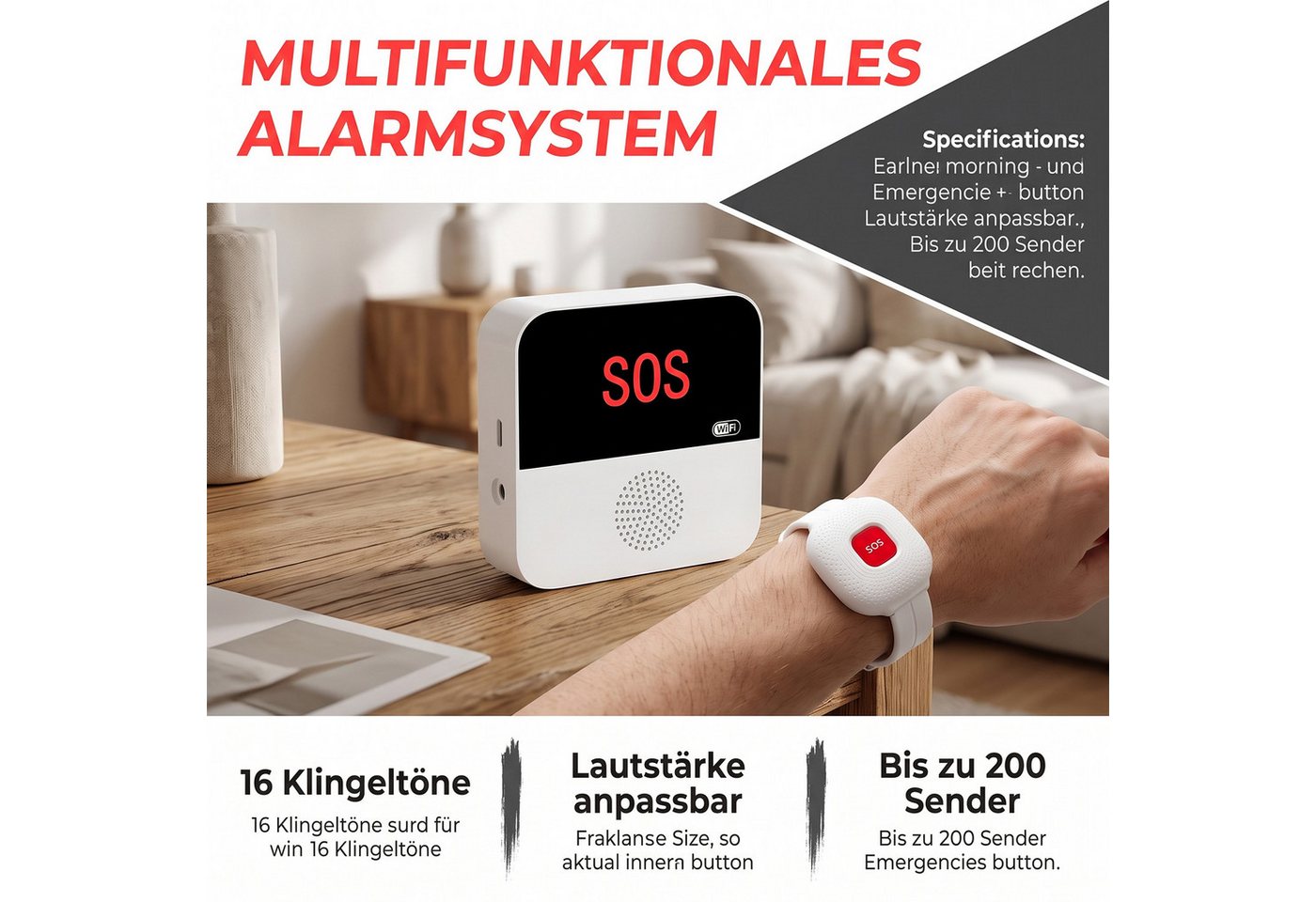 AKKEE Notrufknopf für Senioren, WiFi Alarmanlage Haus, Senioren Notruf Alarmanlage (WiFi-Hausnotruf-Senioren-SOS-Armband, Hausnotruf für Angehörige) Bild 5
