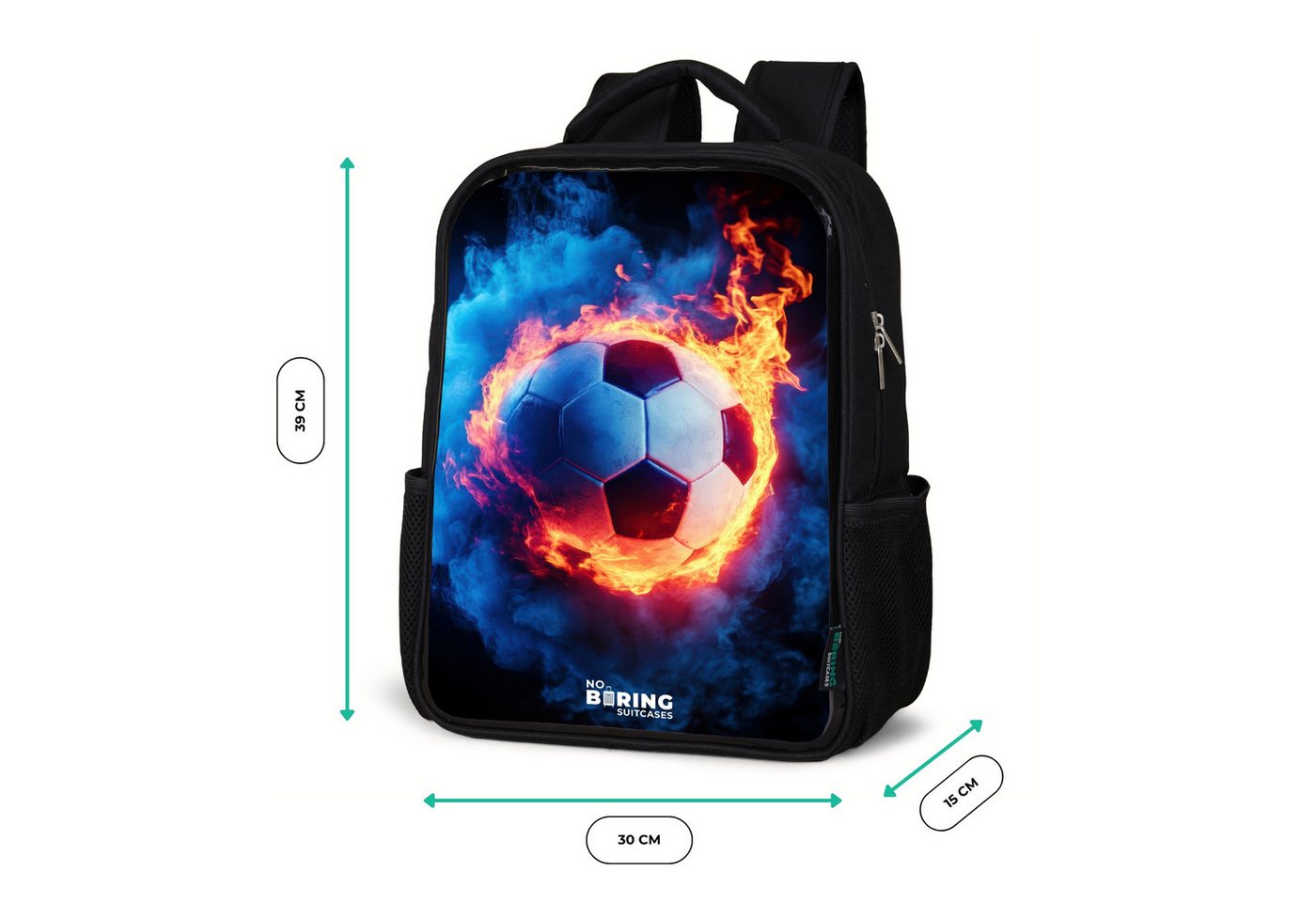 NoBoringSuitcases.com© Rucksack Schwarz - Fußball auf Feuer und Eis, Kinderrucksack Schwarz, Schulrucksack, Freizeitrucksack Jungen Mädchen