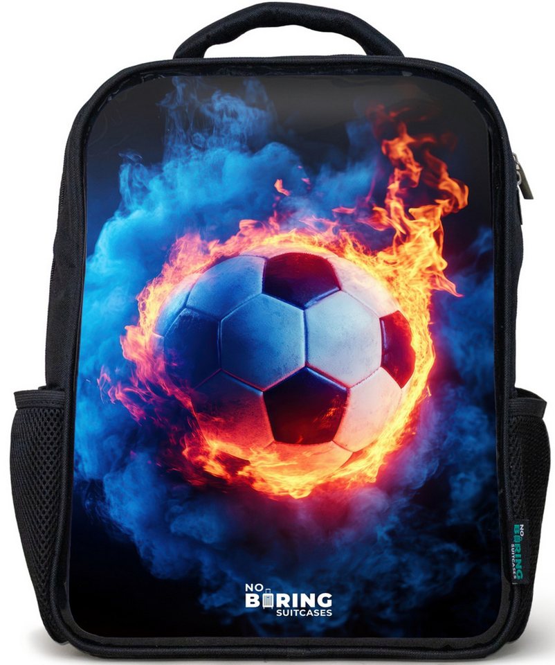 NoBoringSuitcases.com© Rucksack Schwarz - Fußball auf Feuer und Eis, Kinderrucksack Schwarz, Schulrucksack, Freizeitrucksack Jungen Mädchen Bild 3