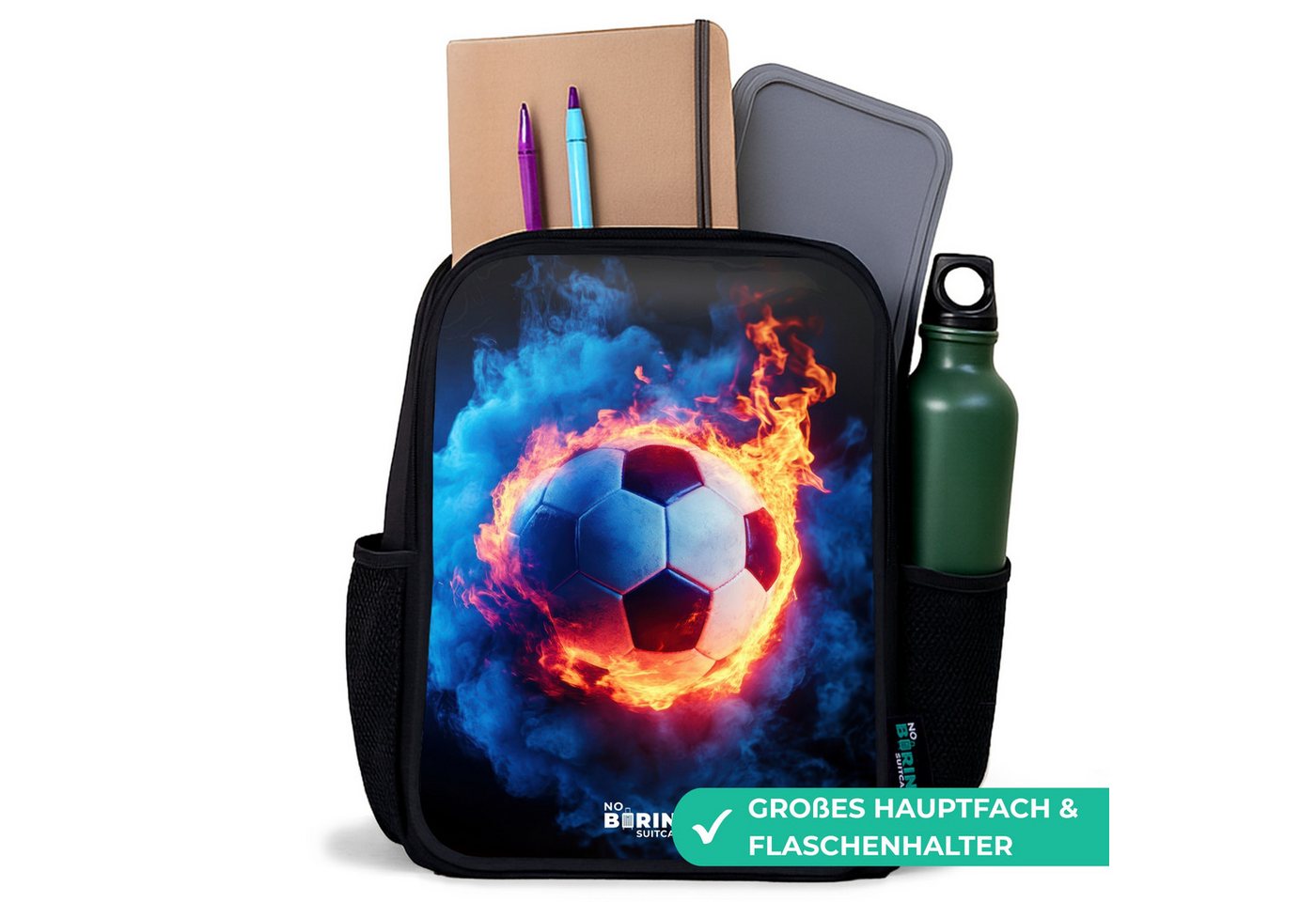 NoBoringSuitcases.com© Rucksack Schwarz - Fußball auf Feuer und Eis, Kinderrucksack Schwarz, Schulrucksack, Freizeitrucksack Jungen Mädchen Bild 4
