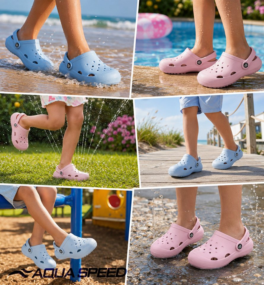 Aqua Speed LUGO Wassersandalen Kinder – Ergonomisch & weich mit Handtuch-Set Badepantolette (Ergonomisch geformte Pantoletten – für empfindliche Kinderfüße) Weiche Sohle & ergonomische Form – schont Kinderfüße spürbar