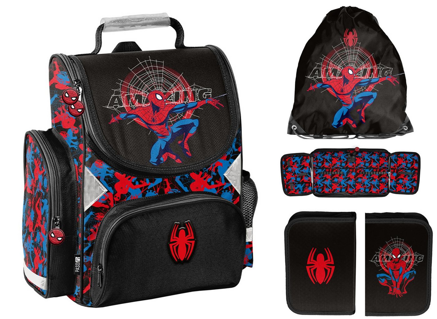 Ebaxx Schulranzen Schulranzen Set 3-teilig Tornister Jungen Spiderman Schwarz
