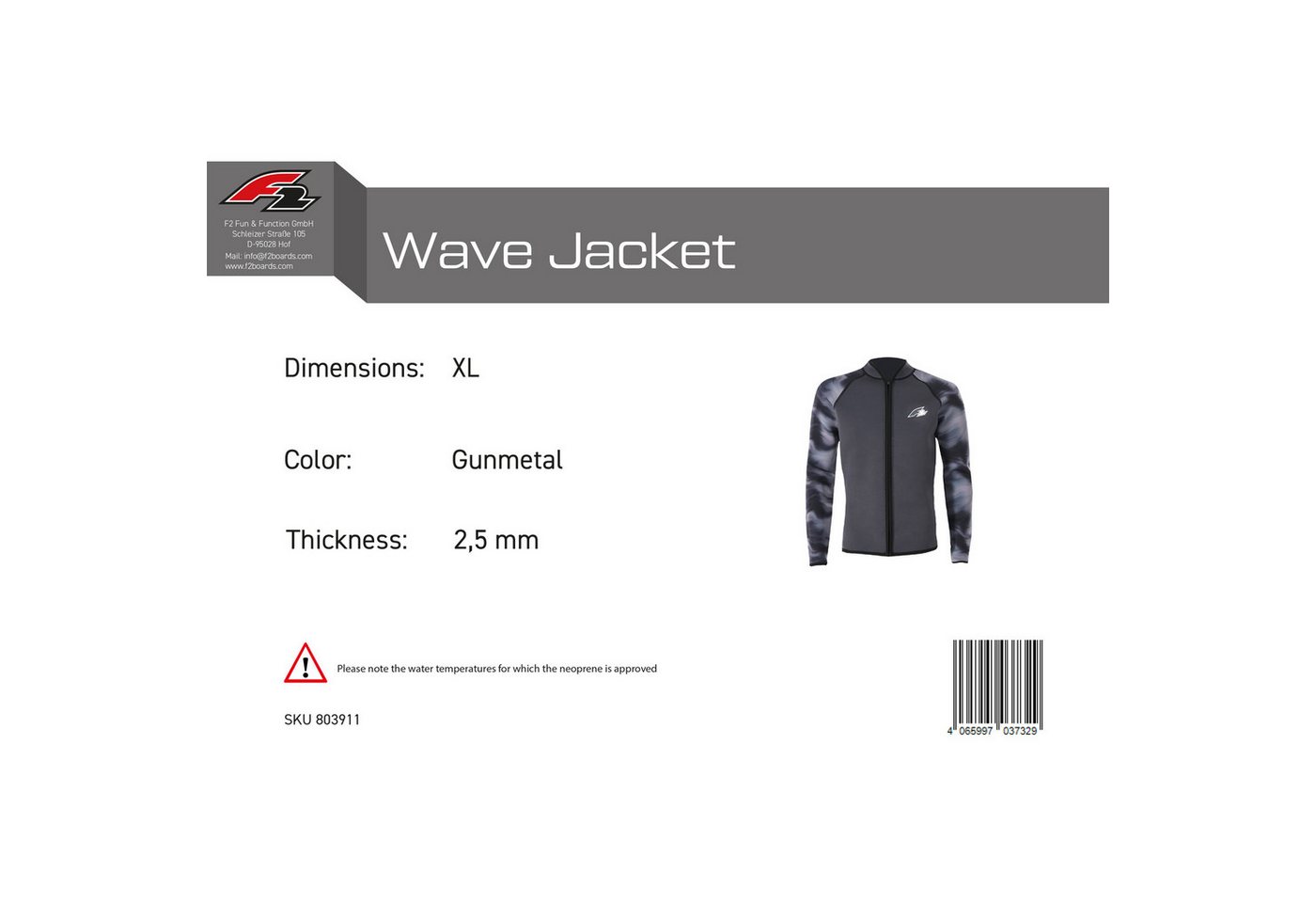 F2 Neoprenanzug F2 Herren Neopren Oberteil Wave Jacket 2,5 mm XL Anthrazit Bild 3