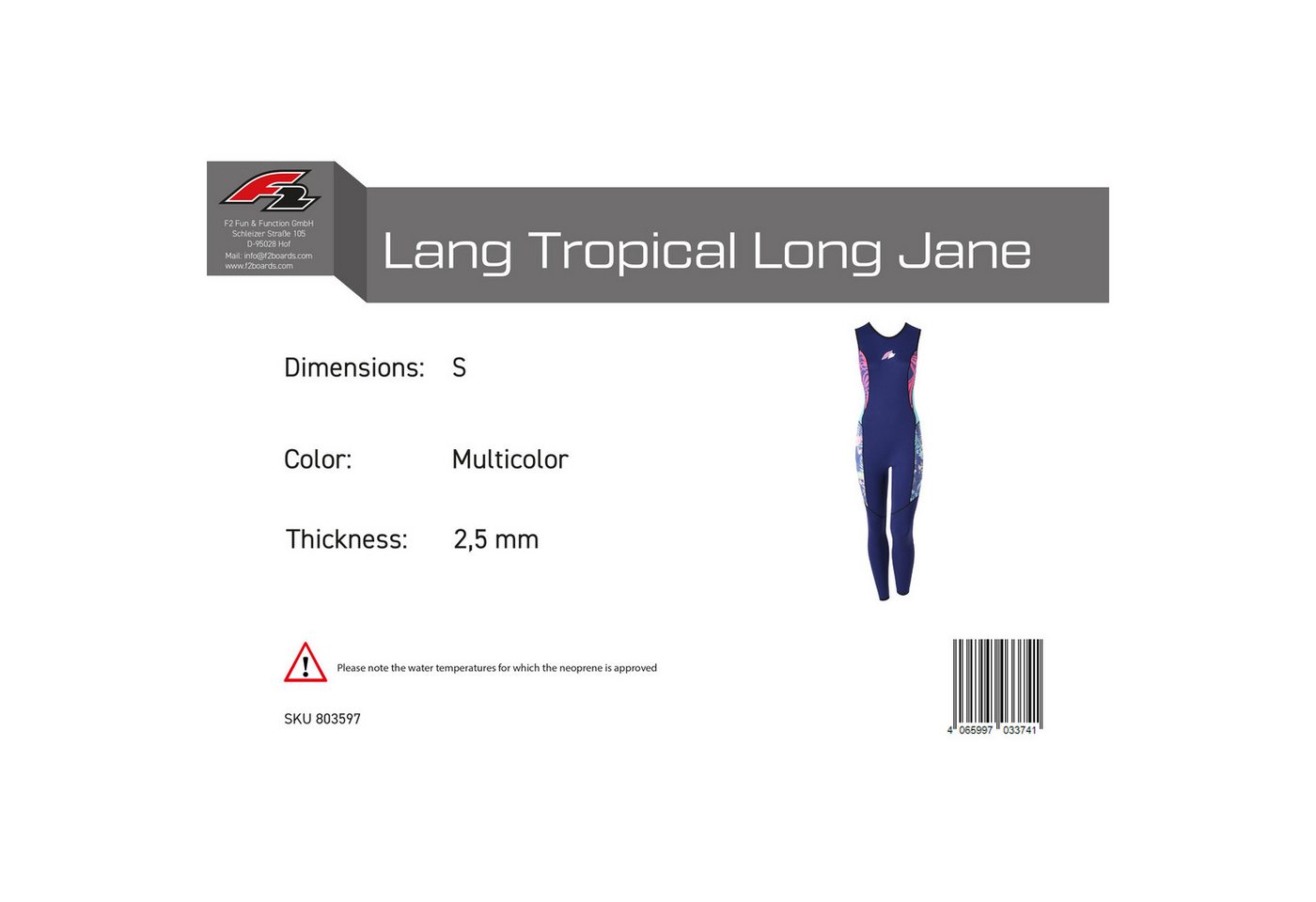 F2 Neoprenanzug F2 Damen Neopren Anzug Lang Tropical Long Jane 2,5 mm S Multicolor Bild 2
