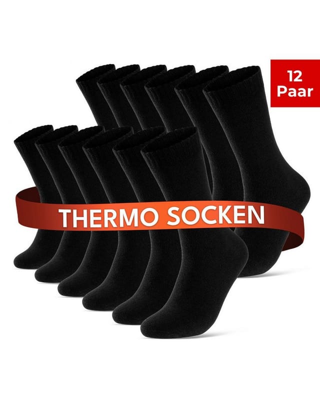 sockenkauf24 Thermosocken 6, 12, 24 Paar warme Wintersocken Damen & Herren Vollfrottee (Schwarz, 12-Paar, 35-38) aus Baumwolle mit Pique Komfortbund