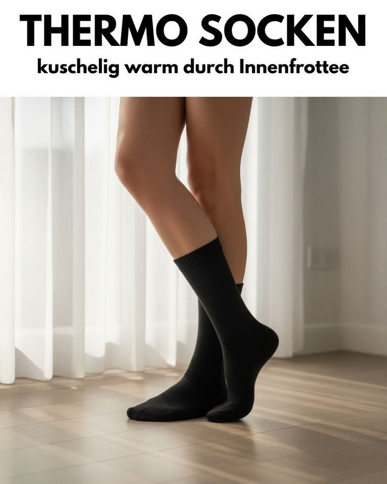 sockenkauf24 Thermosocken 6, 12, 24 Paar warme Wintersocken Damen & Herren Vollfrottee (Schwarz, 24-Paar, 35-38) aus Baumwolle mit Pique Komfortbund Bild 3