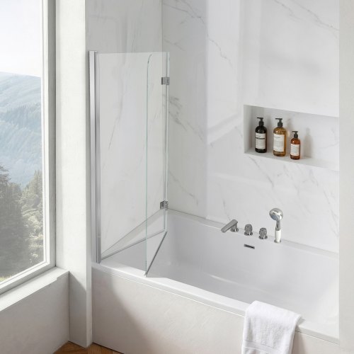 VEVOR Duschwand für Badewanne 1,2x1,4 m Teilrahmenlos 6 mm Silber, Badewannenfaltwand Zweiflügelig Klares Sicherheitsglas Nano-Beschichtung 180° Faltbar Auslaufsichere Dichtung