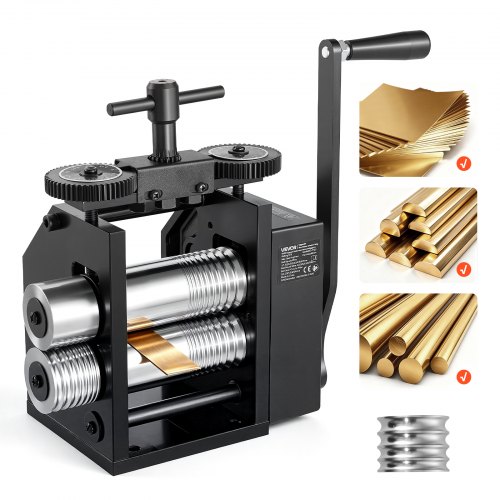 VEVOR Handwalzwerk 60 mm 4-in-1 Schmuckwalzwerk Rund Flach Vierkant Halbrund, Manuelles Schmuckwerkzeug für DIY-Schmuckhersteller, Einstellbare Dicke 0,03–7 mm, für Duktile Metalle Gold Silber Kupfer Alu