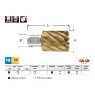 RUKO Kernbohrer HSS-TiN mit Weldonschaft (3/4"). Ø 32 mm, Schnitttiefe: 30 mm