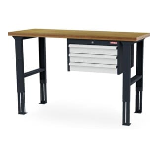 STIER Höhenverstellbare Werkbank mit 3x100 mm Schubladen BxTxH 1500x600x760-1060 mm RAL 7016 / RAL 7035