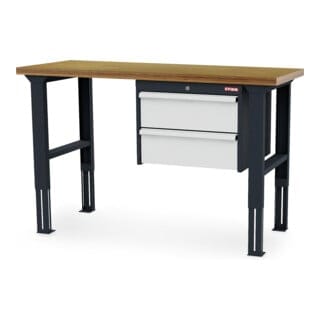 STIER Höhenverstellbare Werkbank mit 2x200 mm Schubladen BxTxH 1500x600x760-1060 mm RAL 7016 / RAL 7035