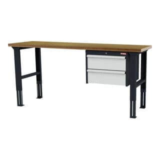 STIER Höhenverstellbare Werkbank mit 2x200 mm Schubladen BxTxH 2000x600x760-1060 mm RAL 7016 / RAL 7035
