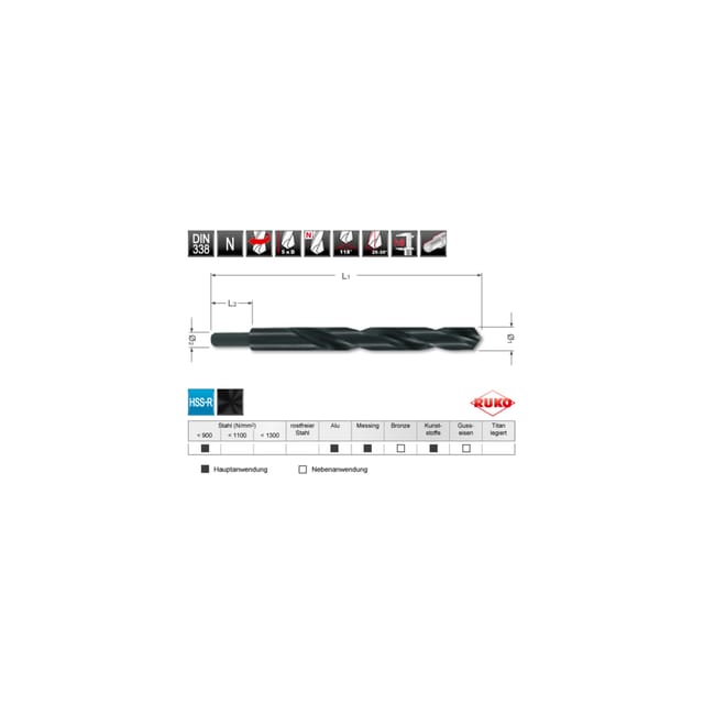 RUKO Spiralbohrer DIN 338 HSS-R Typ N mit abgesetztem Schaft Ø 14,5 x 169 x 30 mm