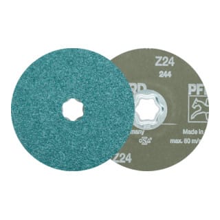 PFERD TOOLS COMBICLICK Zirkon Fiberscheibe Ø 125 mm Z24 für hohen Abtrag auf Stahl