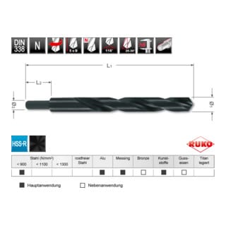 RUKO Spiralbohrer DIN 338 HSS-R Typ N mit abgesetztem Schaft Ø 15,0 x 169 x 30 mm Spiralwinkel 20 - 30°