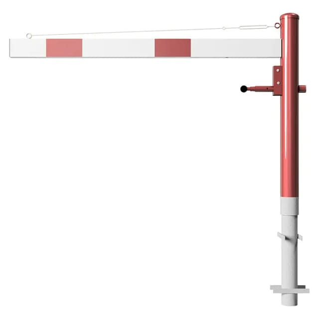Schake Drehschranke 1,50m, für Vorhangschloss + Seilzugverstärkung, Drehpfosten: Ø 102mm, rot (RAL 3001) Schrankenarm: Aluminiumrohr 100x50mm, weiß / rot zum Einbetonieren