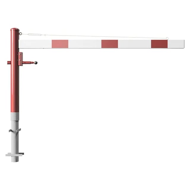 Schake Drehschranke 2,00m, für Vorhangschloss + Seilzugverstärkung, Drehpfosten: Ø 102mm, rot (RAL 3001) Schrankenarm: Aluminiumrohr 100x50mm, weiß / rot zum Einbetonieren