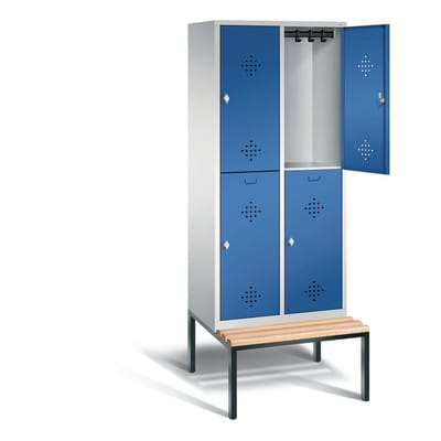 C+P Doppelstockspind Classic mit Sitzbank, 4 Fächer, H2090xB810xT500/815mm Front Enzianblau Korpus Lichtgrau