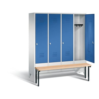 C+P Umkleidespind Classic mit Sitzbank, 4 Abteile, H1850xB1590xT500/815mm Front Enzianblau Korpus Lichtgrau