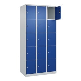 C+P Schließfachschrank Classic PLUS, 3 Abteile, 1850x900x500mm, 7035/5010 Innenhöhe Gefach oben (oberes 365 mm Front RAL 5010 Enzianblau