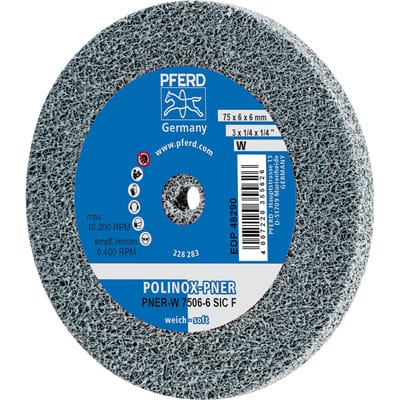 PFERD TOOLS POLINOX verpresstes Vlies-Rad PNER Ø 75X6 mm Bohrung-Ø 6 mm Weich SIC Fein für Finish