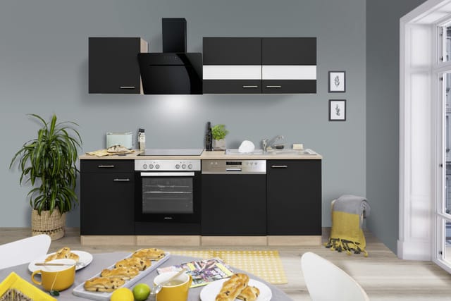 Respekta Küchenzeile 'Merle' mit E-Geräten KB220ESSSSC schwarz/eichefarben 220 cm