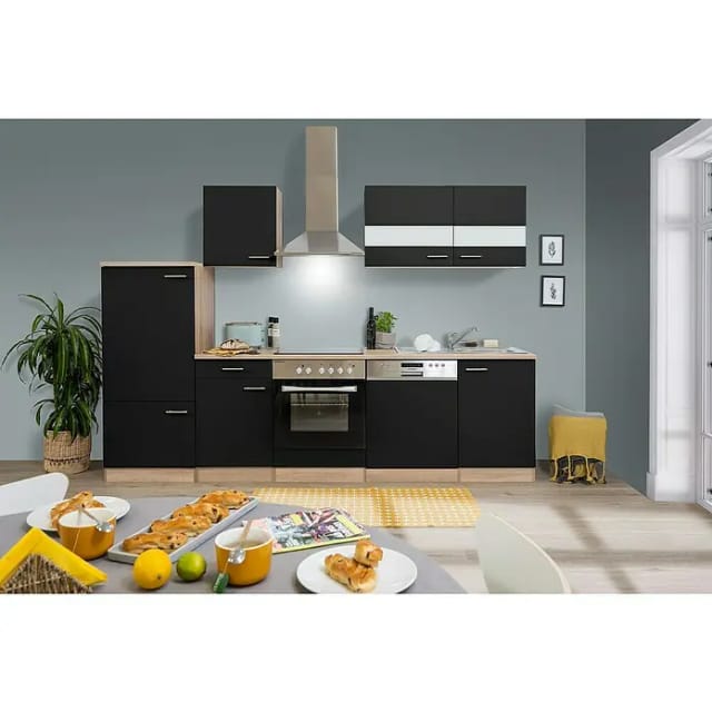 Respekta Küchenzeile 'Merle' mit E-Geräten KB280ESSC schwarz/eichefarben 280 cm