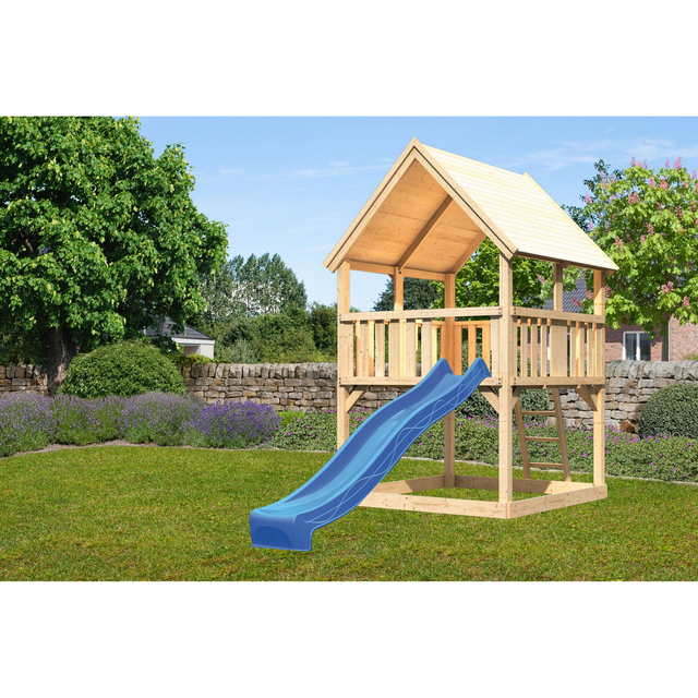 Karibu Spielturm 'Ida' naturbelassen mit Rutsche blau 200 x 394 x 345 cm