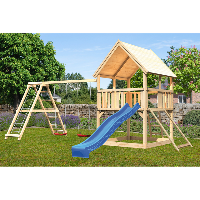 Karibu Spielturm 'Ida' naturbelassen mit Doppelschaukel, Rutsche blau 508 x 394 x 345 cm