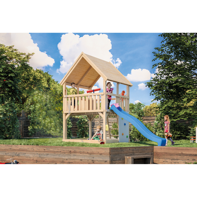 Karibu Spielturm 'Ida' naturbelassen mit Doppelschaukel, Rutsche blau 440 x 394 x 345 cm