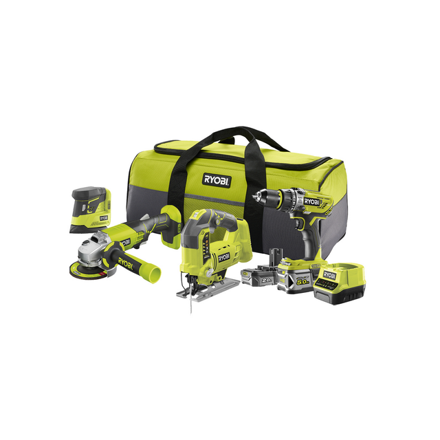 Ryobi Combo Kit Akku-Schlagbohrschrauber, Winkelschleifer, Stichsäge, Delta-Vibrationsschleifer 'R18CK4F-252S' mit Akku, Werkzeugtasche und 55-teiligem Bit-Set