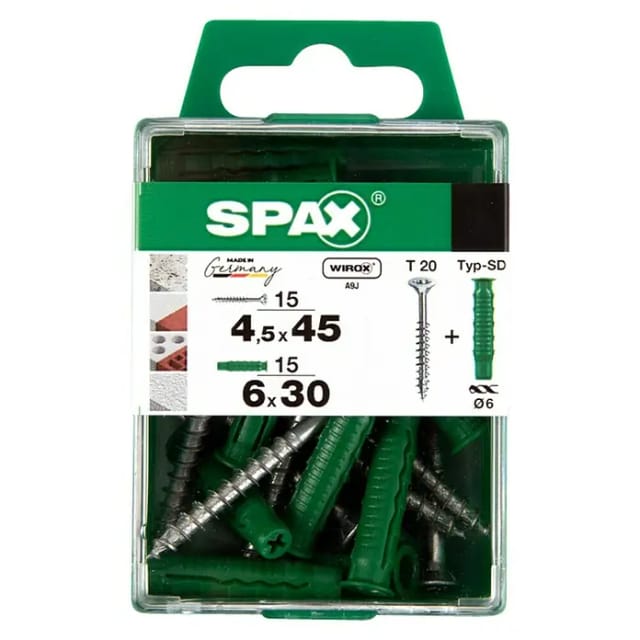 Spax Universalschraube Senkkopf T-Star plus T20 Stahl Ø 4,5 x 45 mm inkl. Dübel Typ-SD Ø 6 x 30 mm 15 Stück